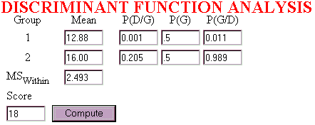 > Finding probabilities for the last row of the example discriminant function analysis homework assignment using the discriminant function probabilities calculator.